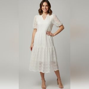 Tea N Rose The Finn Delicate Lace Dress Midi V-neck Bell Sleeves Lined Ivory M